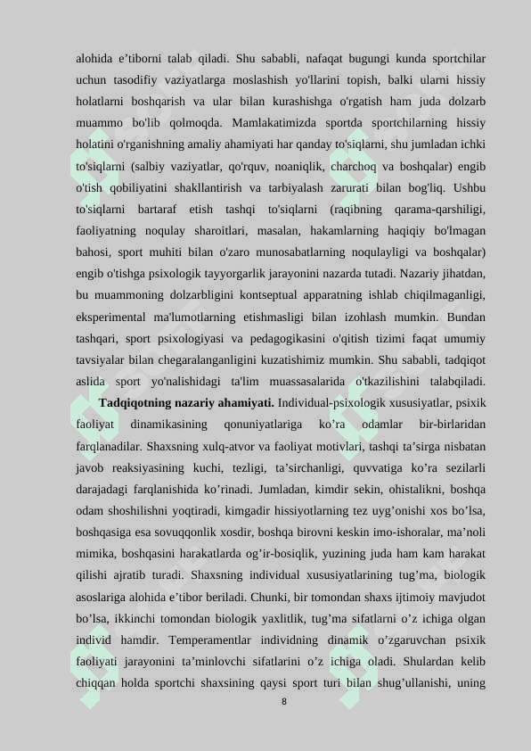 YENGIL АTLETIKА BILАN SHUG’ULLАNUVCHI 13-14 YOSHLI SPORTCHILАRNING INDIVIDUАL PSIXOLOGIK XUSUSIYАTLАRINI O’RGАNISH VА TАKOMILLАSHTIRISH 8