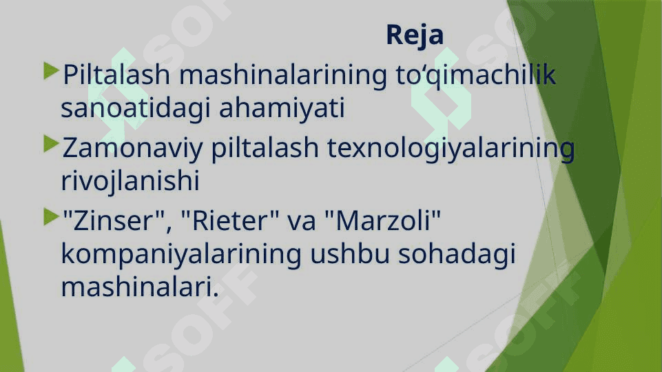 ”Zinser”, “Rieter”,”Marzoli” firmalarining piliklash mashinalari qiyosiy tahlili. 2