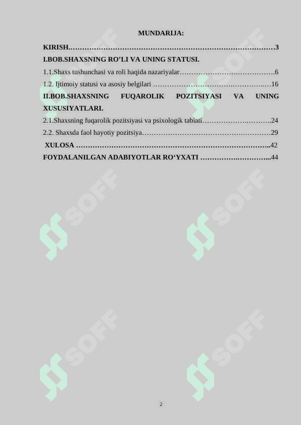 SHAXSNING ROLI, STATUSI, POZITSIYASI 2