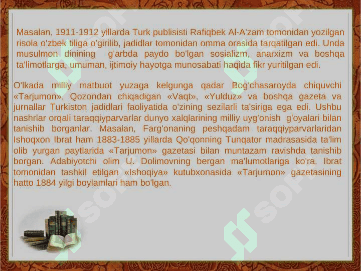 Jadid ma`rifatparvarlarining o`lka  ijtimoiy-ma`naviy hayotida tutgan o`rni (Munavvar Qori, Fitrat, Behbudiy, Avloniy va boshqa) 7