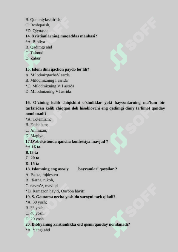 Dinshunoslik fanidan 100 talik test 3