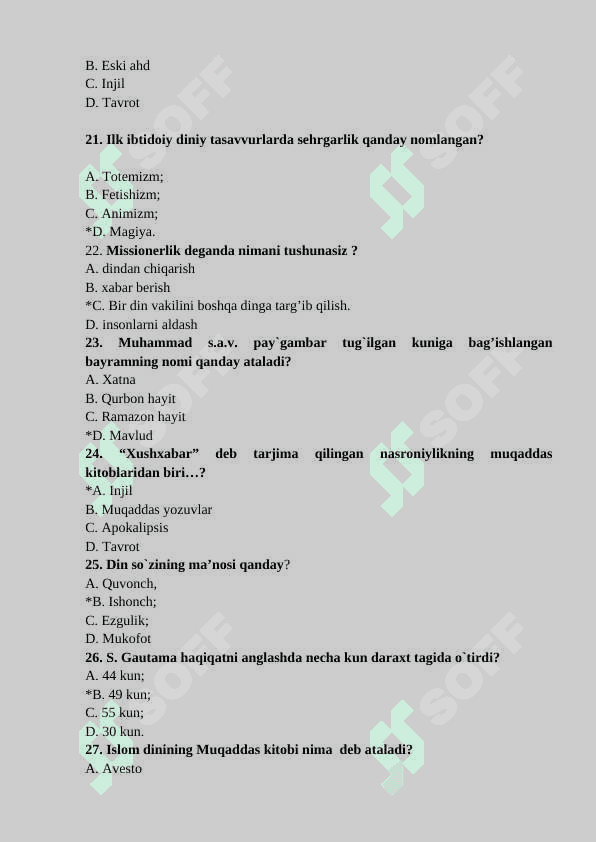 Dinshunoslik fanidan 100 talik test 4