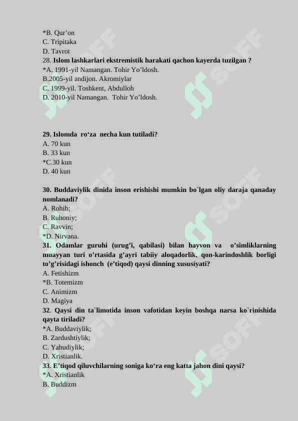 Dinshunoslik fanidan 100 talik test 5