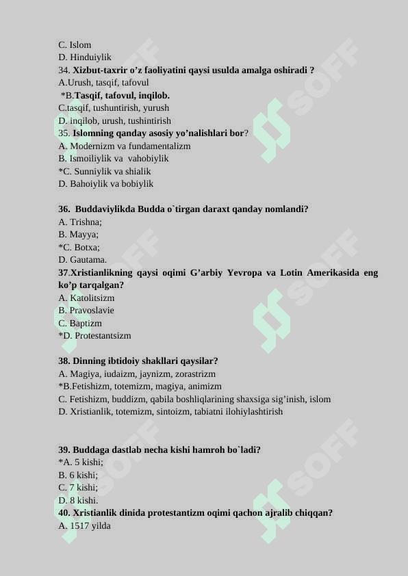 Dinshunoslik fanidan 100 talik test 6