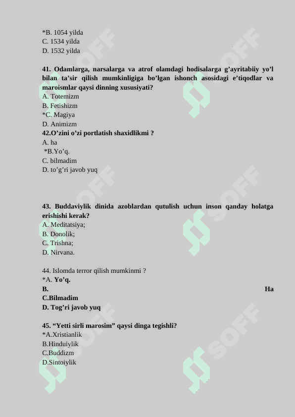 Dinshunoslik fanidan 100 talik test 7