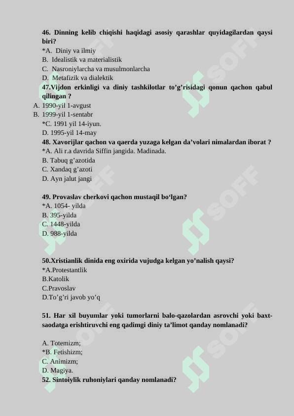 Dinshunoslik fanidan 100 talik test 8