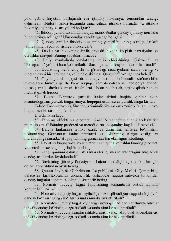 Toshkent davlat yuridik universiteti kafedralaridagi   bo‘sh (vakant) lavozimlar uchun o‘tkaziladigan (ichki va tashqi)   tanlovning suhbat bosqichi SAVOLLAR RO‘YXATI. Argos savollar 3