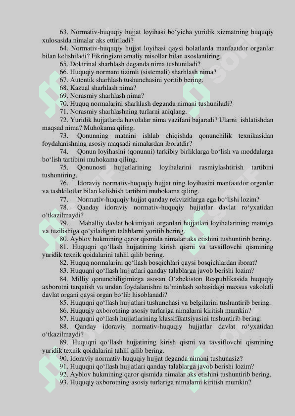 Toshkent davlat yuridik universiteti kafedralaridagi   bo‘sh (vakant) lavozimlar uchun o‘tkaziladigan (ichki va tashqi)   tanlovning suhbat bosqichi SAVOLLAR RO‘YXATI. Argos savollar 4