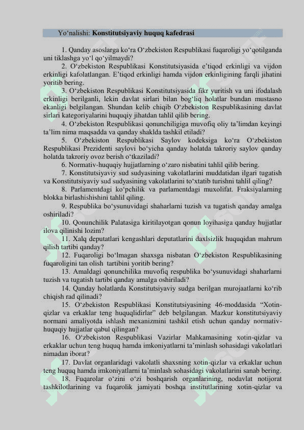 Toshkent davlat yuridik universiteti kafedralaridagi   bo‘sh (vakant) lavozimlar uchun o‘tkaziladigan (ichki va tashqi)   tanlovning suhbat bosqichi SAVOLLAR RO‘YXATI. Argos savollar 6