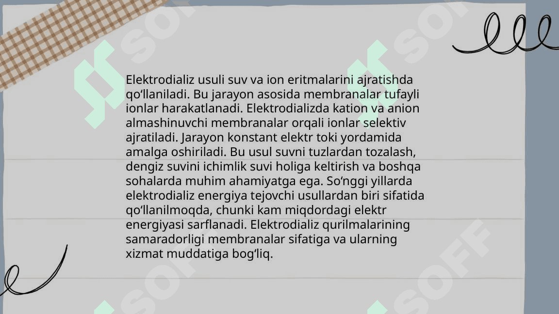 Elektrodializ suvni chuchuklashtirish usuli Elektrodializ qurilma tuzilishi   Ish jarayoni 3