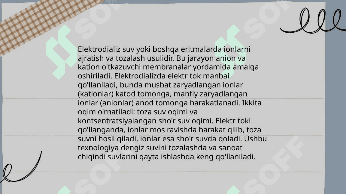 Elektrodializ suvni chuchuklashtirish usuli Elektrodializ qurilma tuzilishi   Ish jarayoni 4