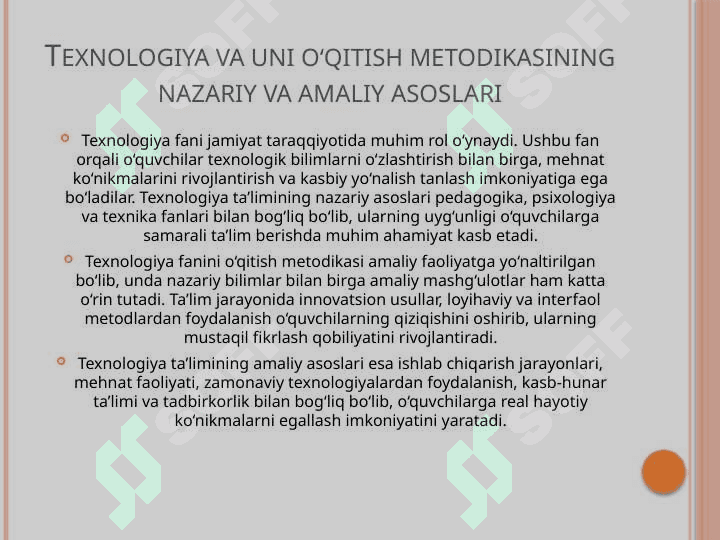 Texnologiya va uni o'qitish metodikasining nazariy va amaliy asoslari. 20test va 30 glossary 6