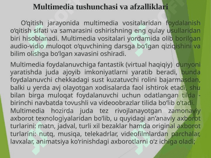 MULTIMEDIYANING ASOSIY TUSHUNCHALARI. AUDIO VA VIDEO AXBOROTLAR BILAN ISHLASH ASOSLARI. 3