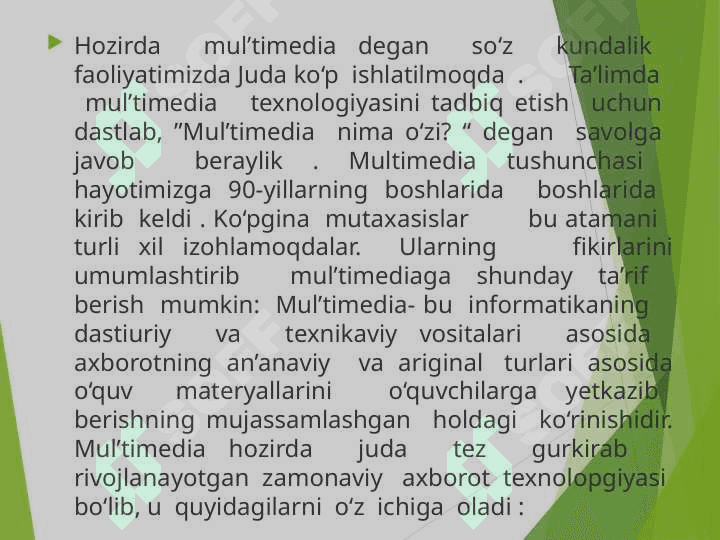 MULTIMEDIYANING ASOSIY TUSHUNCHALARI. AUDIO VA VIDEO AXBOROTLAR BILAN ISHLASH ASOSLARI. 4