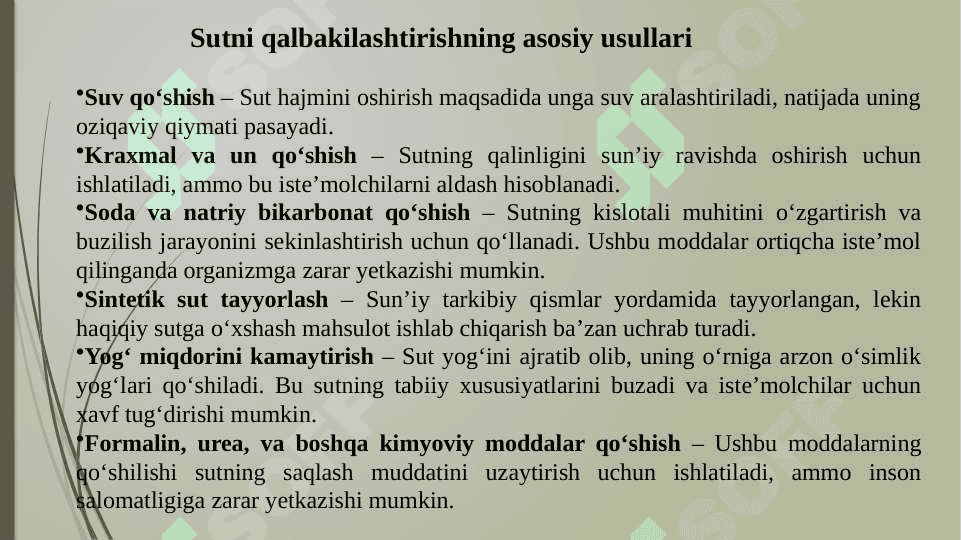 Sutni qalbakilashtirishga qarshi olib boriladigan tajriba usullari. 3