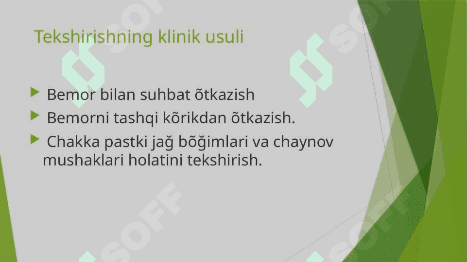 TISHLARNING QATTIQ TO`QIMALARI ZARARLAGANDA BEMORNI TEKSHIRISH USULLARI 5