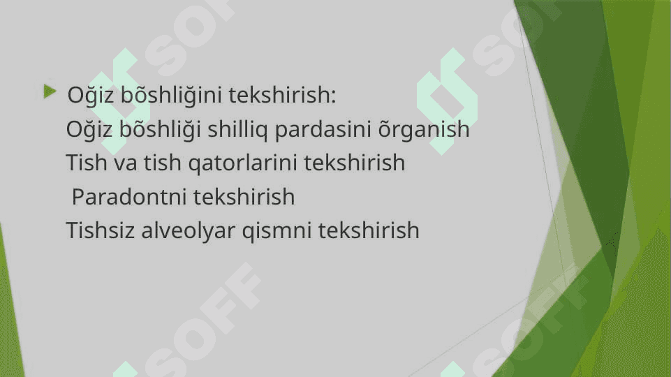TISHLARNING QATTIQ TO`QIMALARI ZARARLAGANDA BEMORNI TEKSHIRISH USULLARI 6