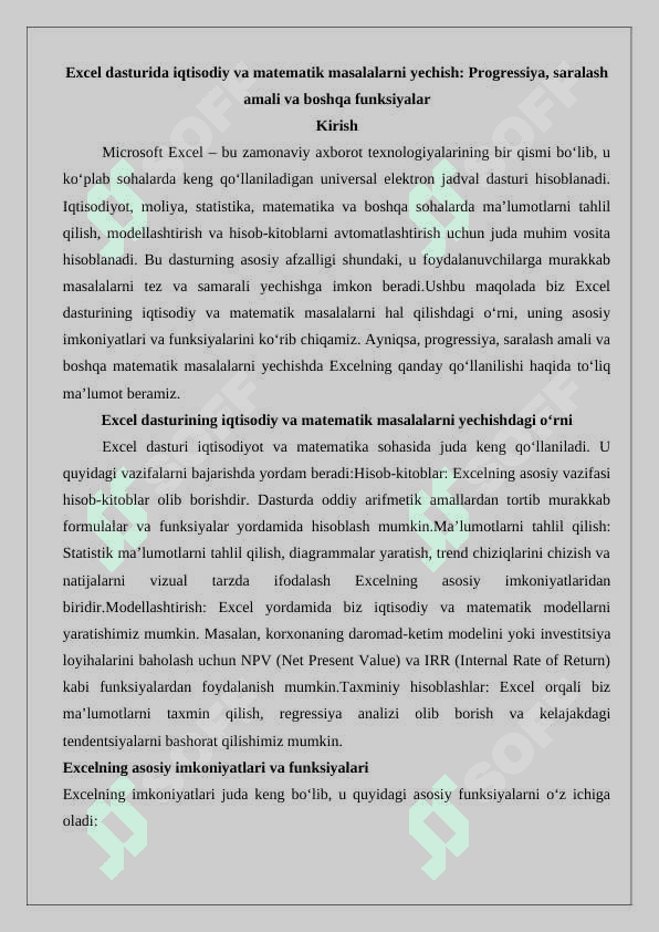 Excel dasturida iqtisodiy masalalarni yechish. Excel dasturida matemtik masalalarni yechish. Progressiya. Saralash amali. 2