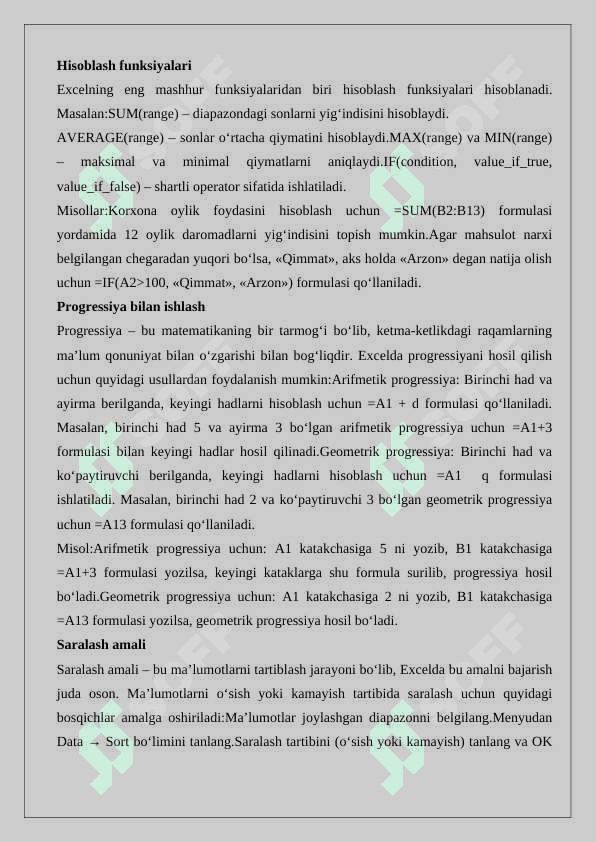 Excel dasturida iqtisodiy masalalarni yechish. Excel dasturida matemtik masalalarni yechish. Progressiya. Saralash amali. 3
