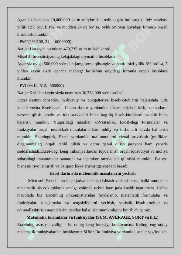 Excel dasturida iqtisodiy masalalarni yechish. Excel dasturida matemtik masalalarni yechish. Progressiya. Saralash amali. 6
