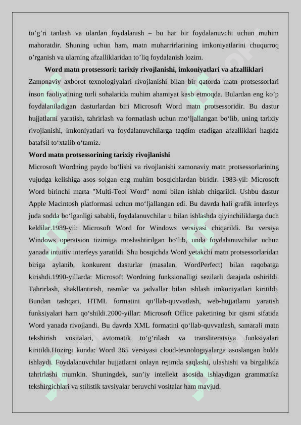 Matn muharrirlari va Word matn protsessori. Kiritish taxrirlash va formatlash amallari. 7