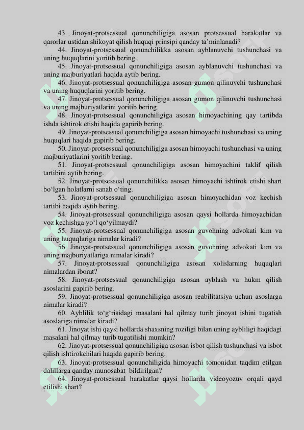 Argos test. Adliya vazirligi qoshidagi Yuristlar malakasini oshirish markazi  kafedralaridagi bo‘sh (vakant) lavozimlar uchun o‘tkaziladigan (ichki va  tashqi) tanlovning suhbat bosqichi uchun mutaxassislikka oid SAVOLLAR RO‘YXATI 3