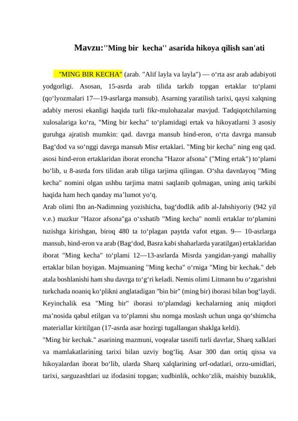 ''Ming bir  kecha'' asarida hikoya qilish san'ati 1
