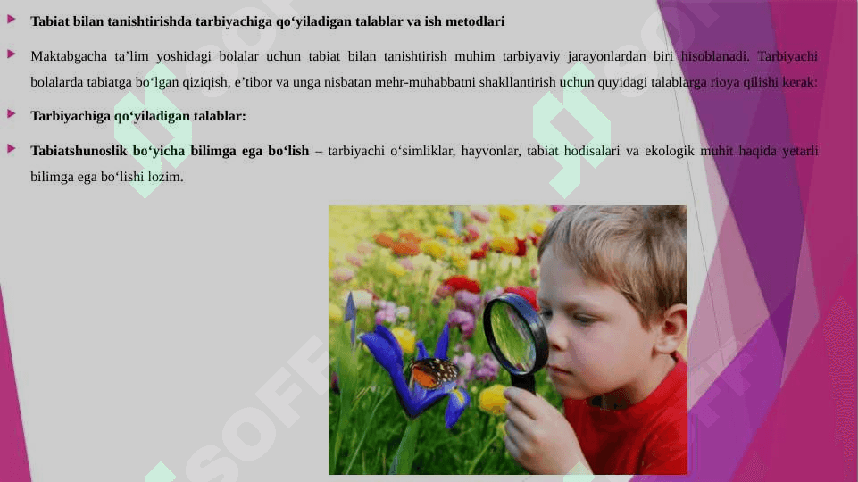 TABIAT BILAN TANISHTIRISHDA TARBIYACHIGA QO'YILADIGAN TALABLAR VA ISH METODLARI. PEDAGOG PSIXOLOGLARNING BOLA TARBIYASIDA TABIATNING AHAMIYATI HAQIDAGI TA'LIMOTLARI 3