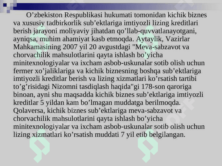 O’zbеkiston Rеspublikasida kichik biznеs va tadbirkorlik sohasini mikrokreditlash va uni takomillashtirish. 8