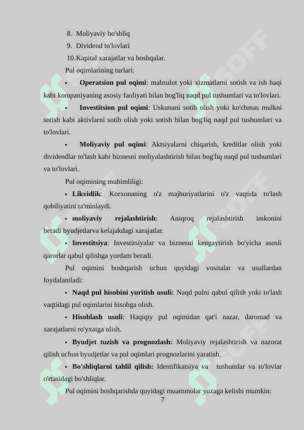 Pul oqimlari to’g’risidagi hisobot va uning tahlili. 7