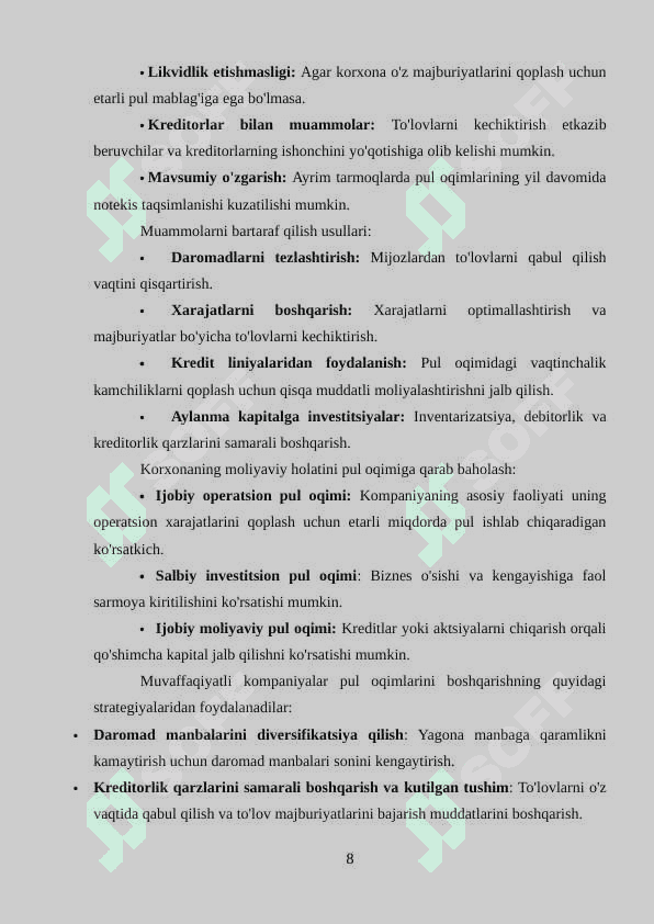 Pul oqimlari to’g’risidagi hisobot va uning tahlili. 8