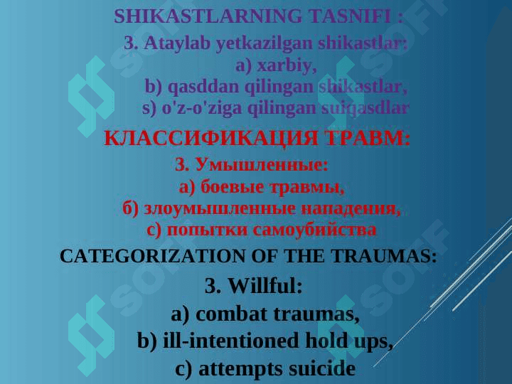 SHIKASTLANISH. TRAVMATIZM. TRAVMATIK SHOK. Повреждения ТравматизмТравматический шок 7
