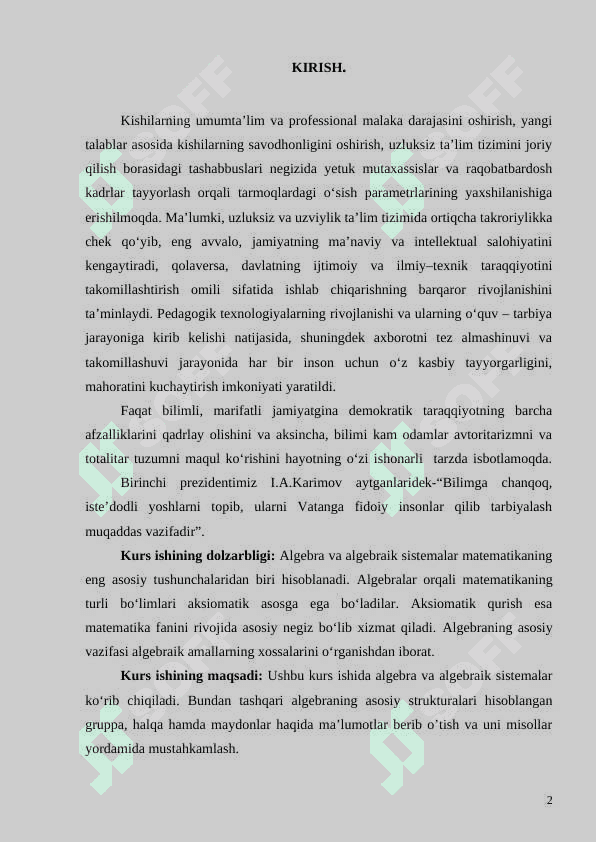 Algebra va algebraik sistemalar 2