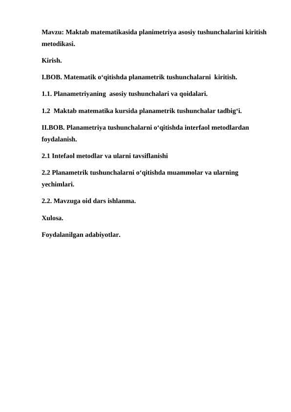 Maktab matematikasida planimetriya asosiy tushunchalarini kiritish metodikasi.