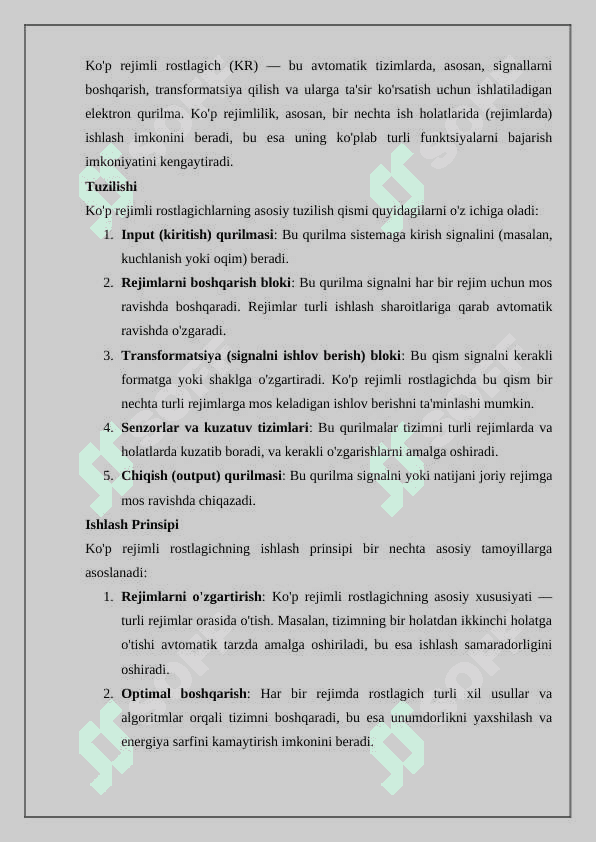 Ko'p rejimli rostlagichning tuzilishi, ishlashi 2