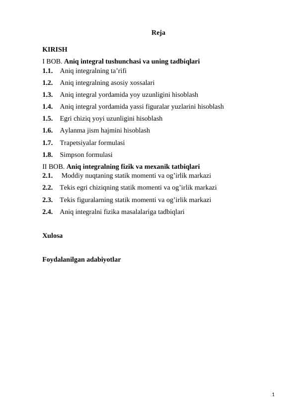 Aniq integralning fizik va mexanik tadbiqlari 1