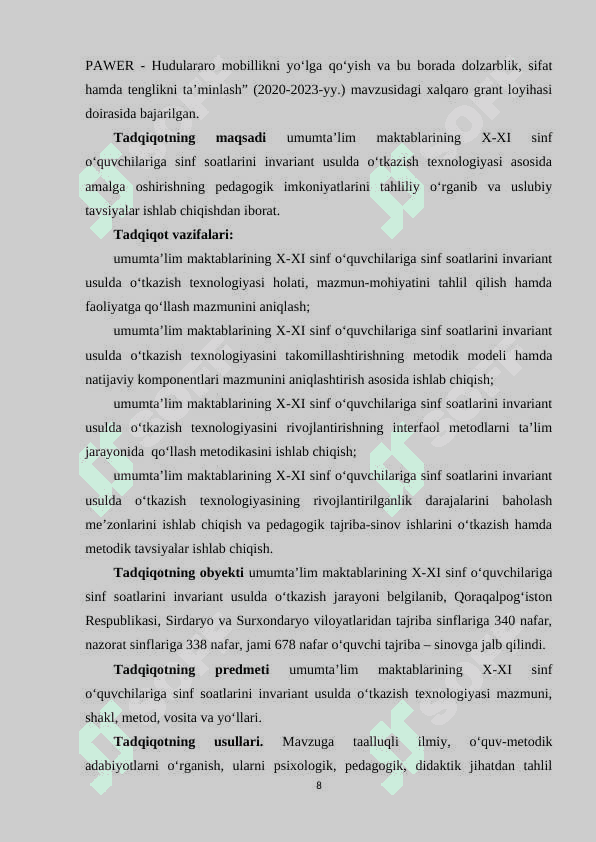 UMUMTA’LIM MAKTABLARINING 10-11 SINF O‘QUVCHILARIGA SINF SOATLARINI INVARIANT USULDA O‘TKAZISH TEXNOLOGIYASI 8
