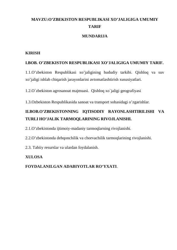 O’ZBEKISTON RESPUBLIKASI XO’JALIGIGA UMUMIY TARIF