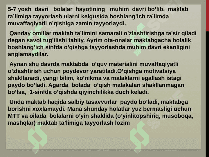 BOLANI MAKTAB TA’LIMIGA TAYYORLASHGA TA’SIR ETUVCHI OMILLAR 4