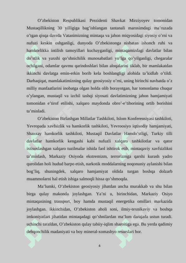 O’zbekistoning jahon hamjamiyatida tutgan o’rni va rolining faollashuvi (2017-2022) 6