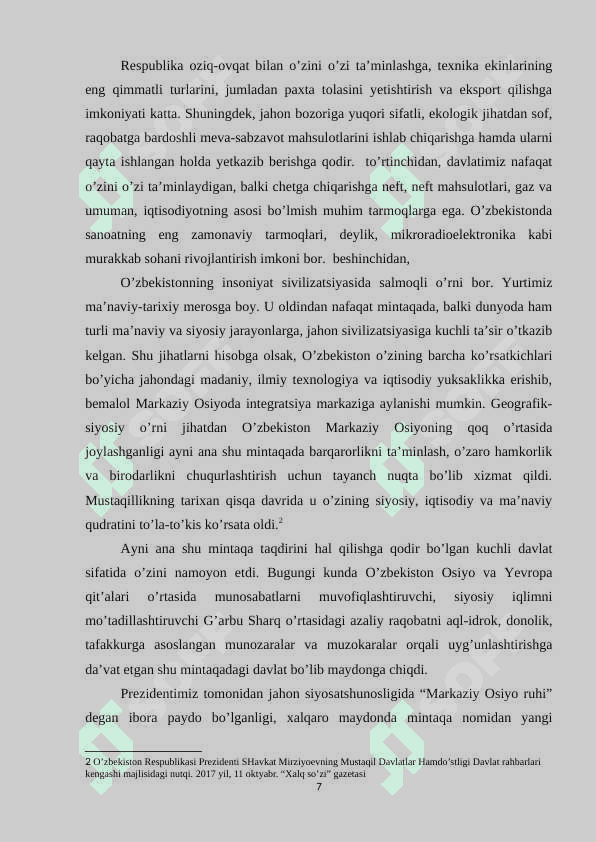 O’zbekistoning jahon hamjamiyatida tutgan o’rni va rolining faollashuvi (2017-2022) 7