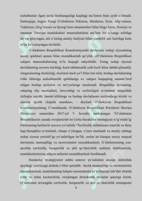 O’zbekistoning jahon hamjamiyatida tutgan o’rni va rolining faollashuvi (2017-2022) 8