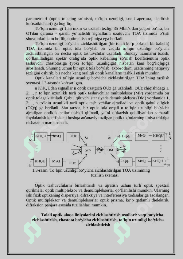TOLALI OPTIK UZATISH TIZIMLARINING IKKI TOMONLAMA LINIYA TRAKTLARINI TUZISH PRINSIPLARI, OPTIK KANALLARNI ZICHLASHTIRISH USULLARI 5