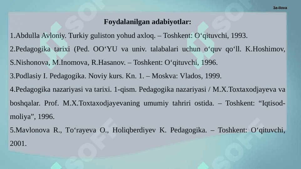 Tarbiya jarayonining mohiyati va mazmuni. Tarbiya qonuniyatlari va tamoyillari. Tarbiyaning umumiy metodlari. Jamoa tarbiya obyekti va subyekti sifatida. Tarbiya turlari.. 3