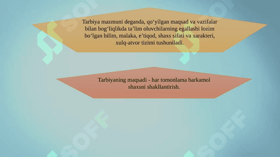 Tarbiya jarayonining mohiyati va mazmuni. Tarbiya qonuniyatlari va tamoyillari. Tarbiyaning umumiy metodlari. Jamoa tarbiya obyekti va subyekti sifatida. Tarbiya turlari.. 5