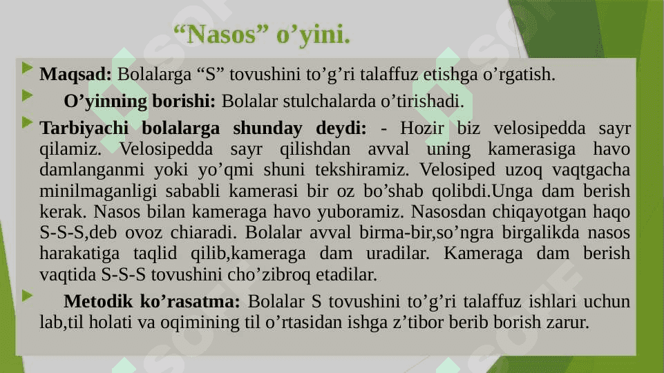 Tovushlarni  nutqga  qo‘yish,  mustaxkamlash,  farqlashga  qaratilgan  o‘yinlar. 6