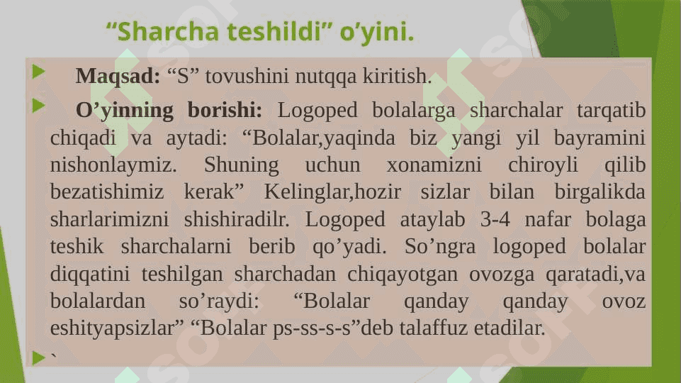 Tovushlarni  nutqga  qo‘yish,  mustaxkamlash,  farqlashga  qaratilgan  o‘yinlar. 7