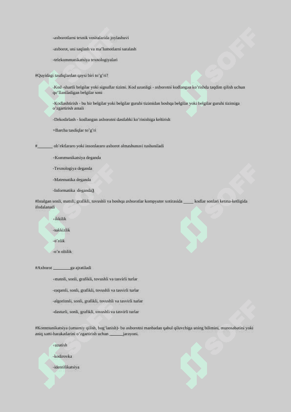 AXBOROT TEXNALOGIYALARI TEST 300  ta javobi bilan 6