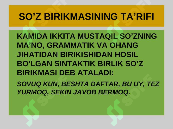 SINTAKSIS. SO’ZLARNING TENG VA TOBE BOG’LANISHI. SO’Z BIRIKMASI, UNING TURLARI, XUSUSIYATLARI 8