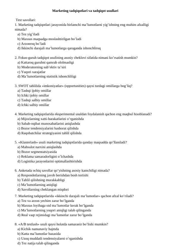 Marketing tadqiqotlari va tadqiqot usullari  test savollari